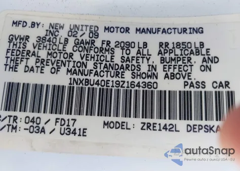 2009 Toyota Corolla S from USA, damaged, VIN 1NXBU40E19Z164360